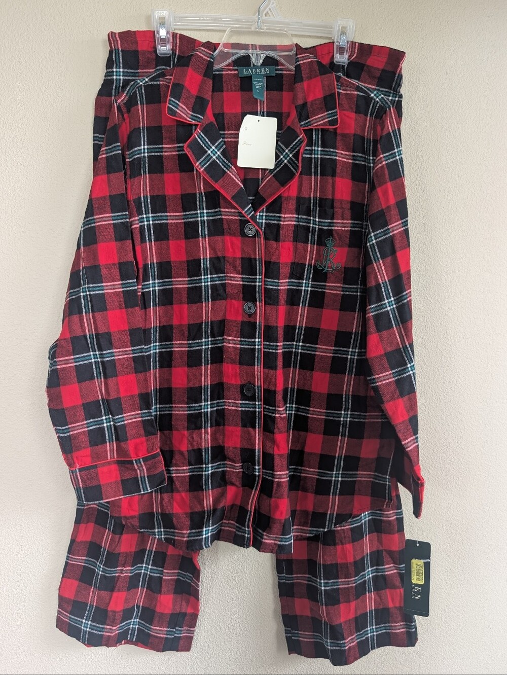 NWT Lauren Ralph Lauren Size Large Red & Black Plaid Lake House Pajama Set